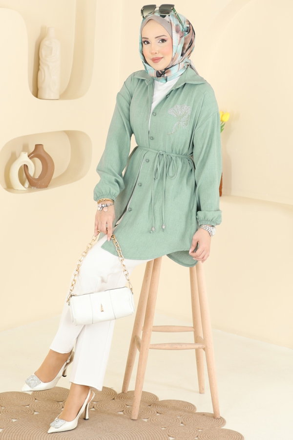 Modaselvim Tunik Gömlek Yaka Taşlı Tunik 2827SLK540 Mint