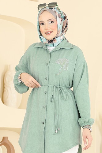 moda selvim Gömlek Yaka Taşlı Tunik 2827SLK540 Mint - Thumbnail