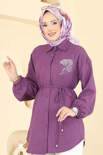 moda selvim Gömlek Yaka Taşlı Tunik 2827SLK540 Mor - Thumbnail