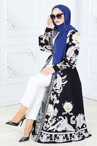 moda selvim Gömlek Yakalı Desenli Elbise 22152JNF844 Siyah - Thumbnail