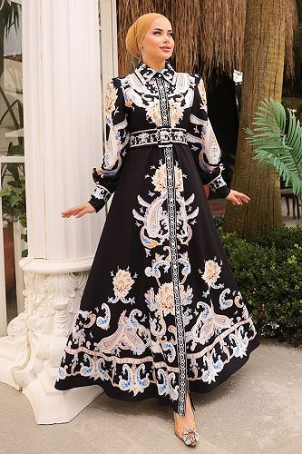 moda selvim Gömlek Yakalı Desenli Elbise 22152JNF844 Siyah - Thumbnail