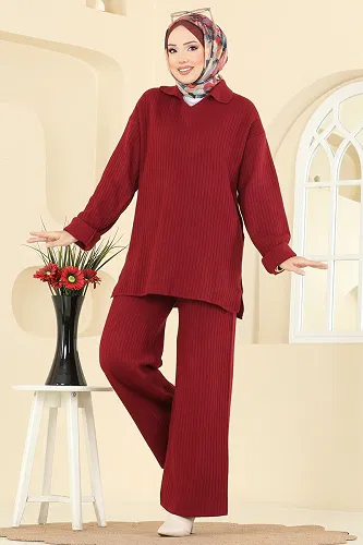 moda selvim Gömlek Yaka Triko Takım 8080KLB1050 Bordo - Thumbnail