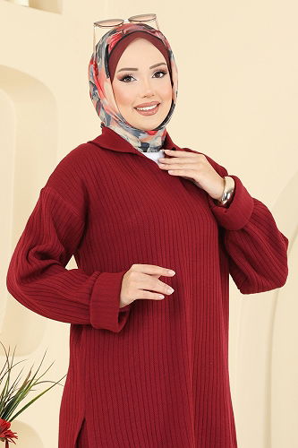 moda selvim Gömlek Yaka Triko Takım 8080KLB1050 Bordo - Thumbnail