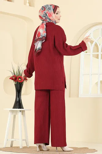 moda selvim Gömlek Yaka Triko Takım 8080KLB1050 Bordo - Thumbnail