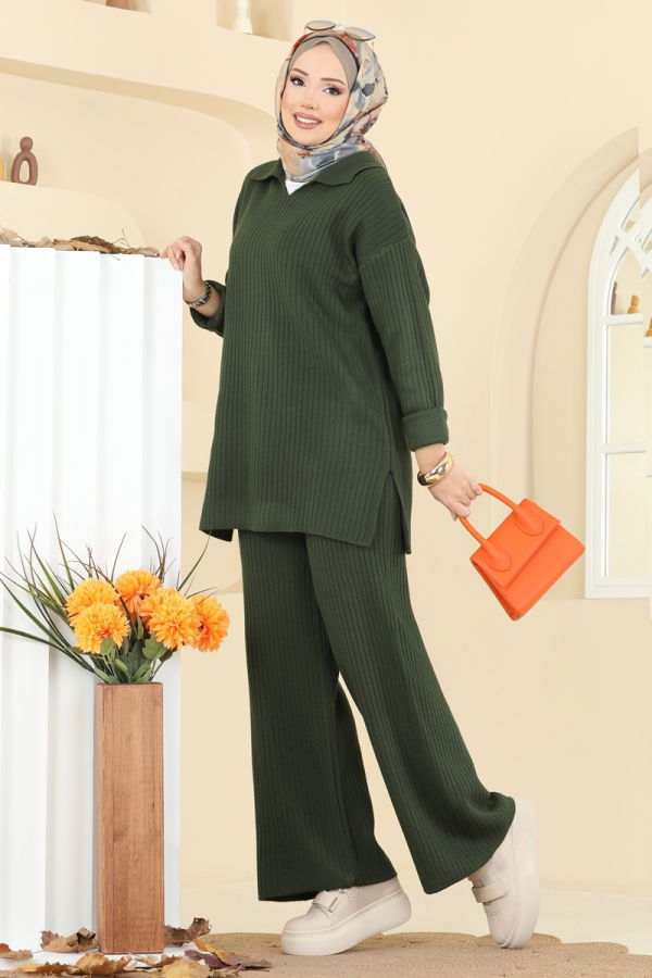 Modaselvim Kombin Gömlek Yaka Triko Takım 8080KLB1050 Haki