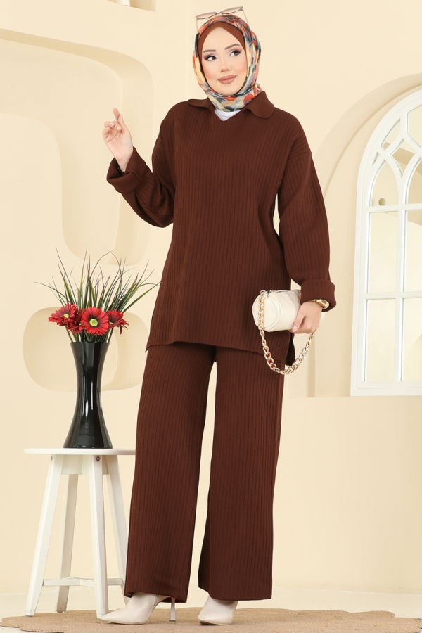 Modaselvim Kombin Gömlek Yaka Triko Takım 8080KLB1050 Kahve
