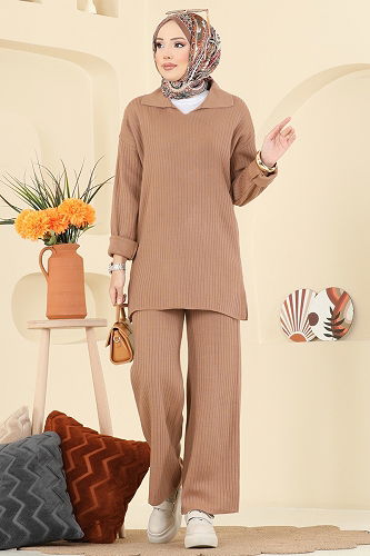 moda selvim Gömlek Yaka Triko Takım 8080KLB1050 Latte - Thumbnail