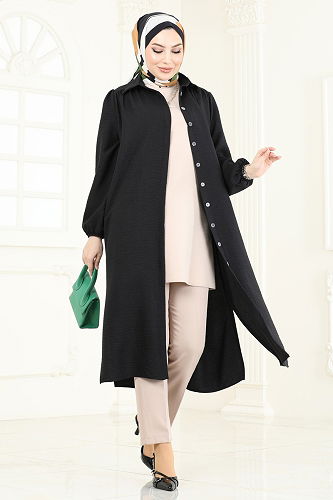 moda selvim Gömlek Yaka Tunik 6174BSK463 Siyah - Thumbnail