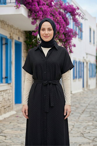 moda selvim Gömlek Yaka Viskon Jile 138NZRK1200 Siyah - Thumbnail