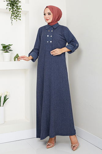 moda selvim Gömlek Yakalı Bürümcük Elbise 2501HBS932-M İndigo - Thumbnail