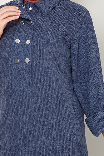 moda selvim Gömlek Yakalı Bürümcük Elbise 2501HBS932-M İndigo - Thumbnail