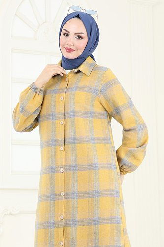 moda selvim Gömlek Yakalı Ekose Tunik 3036KTR750 Açık Hardal - Thumbnail