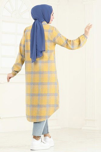 moda selvim Gömlek Yakalı Ekose Tunik 3036KTR750 Açık Hardal - Thumbnail