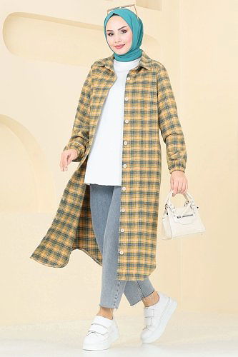 moda selvim Gömlek Yakalı Ekose Tunik 3036KTR750 Hardal - Thumbnail