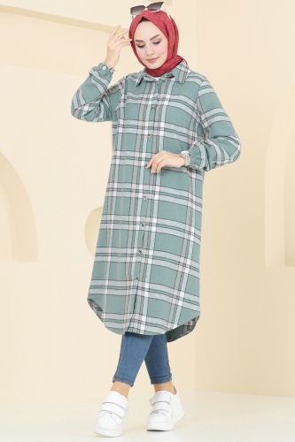 moda selvim Gömlek Yakalı Ekose Tunik 3036KTR750 Mint - Thumbnail