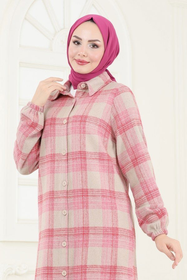 Gömlek Yakalı Ekose Tunik 3036KTR750 Pembe&Vizyon - 3