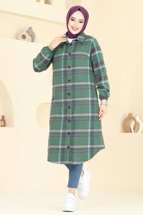 Modaselvim BAHAR İNDİRİMLERİ Gömlek Yakalı Ekose Tunik 3036KTR750 Zümrüt&Mor