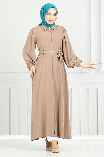 moda selvim Gömlek Yakalı Elbise Ferace 0037BGS895-M Koyu Vizyon - Thumbnail