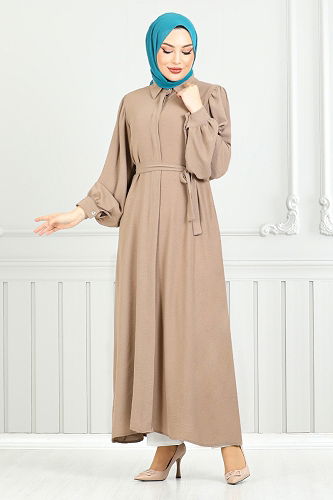 moda selvim Gömlek Yakalı Elbise Ferace 0037BGS895-M Koyu Vizyon - Thumbnail