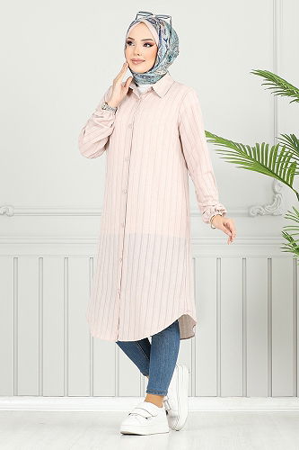 moda selvim Gömlek Yakalı Tesettür Tunik 4448KTR927-M Taş - Thumbnail