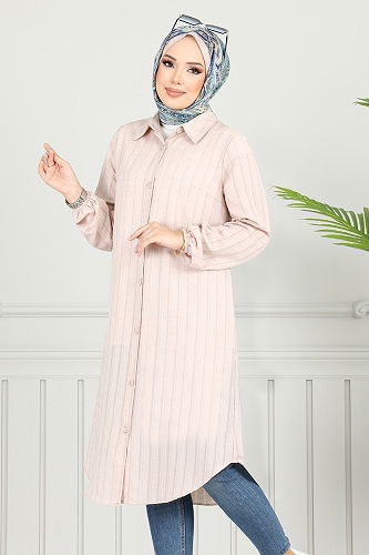 moda selvim Gömlek Yakalı Tesettür Tunik 4448KTR927-M Taş - Thumbnail