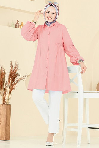 moda selvim Gömlek Yakalı Tunik 3055KTR750 Açık Gül Kurusu - Thumbnail