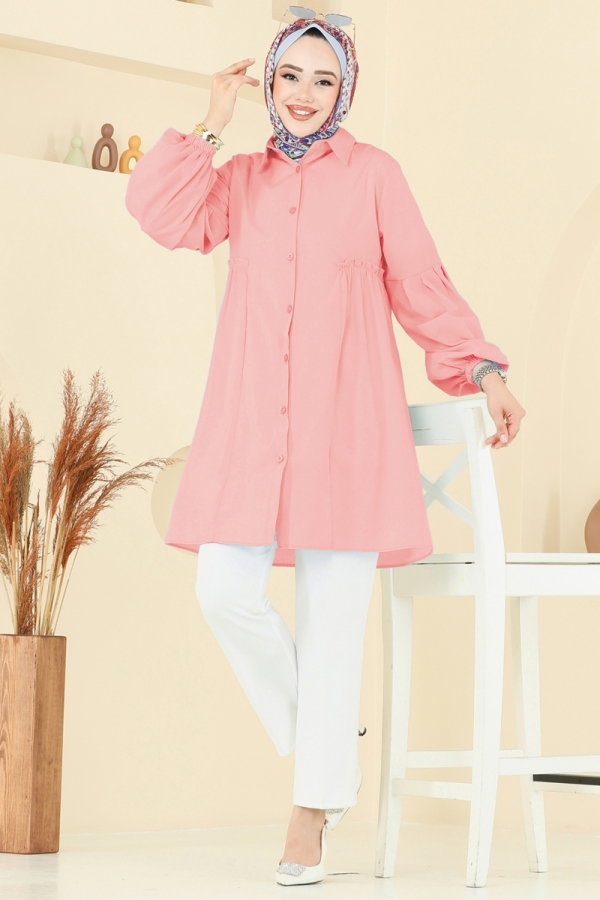 Modaselvim Tunik Gömlek Yakalı Tunik 3055KTR750 Açık Gül Kurusu