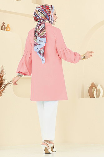 moda selvim Gömlek Yakalı Tunik 3055KTR750 Açık Gül Kurusu - Thumbnail