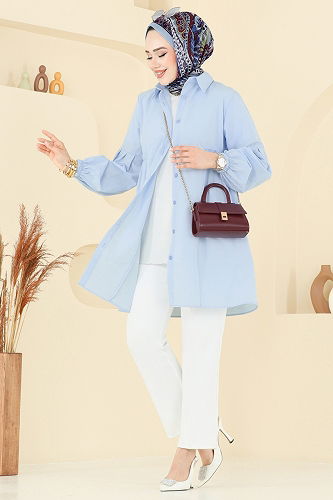 moda selvim Gömlek Yakalı Tunik 3055KTR750 Açık Mavi - Thumbnail