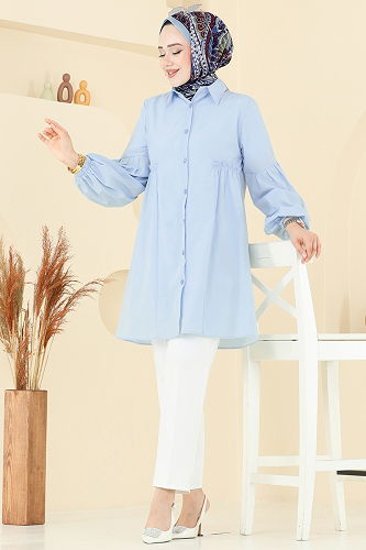 moda selvim Gömlek Yakalı Tunik 3055KTR750 Açık Mavi - Thumbnail