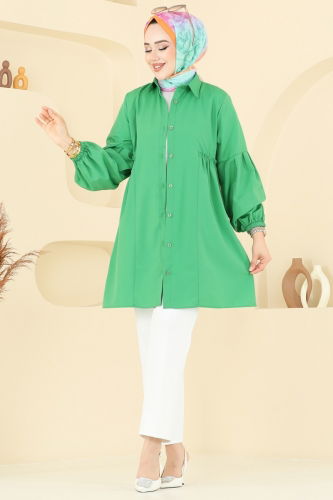 moda selvim Gömlek Yakalı Tunik 3055KTR750 Benetton Yeşili - Thumbnail