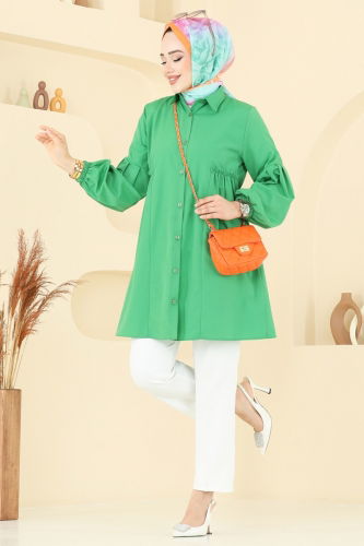 moda selvim Gömlek Yakalı Tunik 3055KTR750 Benetton Yeşili - Thumbnail