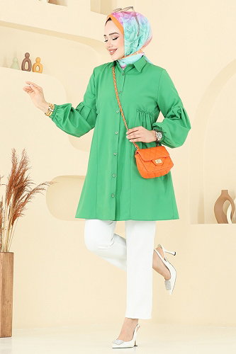 moda selvim Gömlek Yakalı Tunik 3055KTR750 Benetton Yeşili - Thumbnail