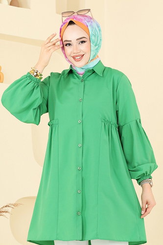 moda selvim Gömlek Yakalı Tunik 3055KTR750 Benetton Yeşili - Thumbnail