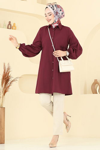 moda selvim Gömlek Yakalı Tunik 3055KTR750 Bordo - Thumbnail