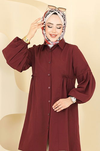 moda selvim Gömlek Yakalı Tunik 3055KTR750 Bordo - Thumbnail
