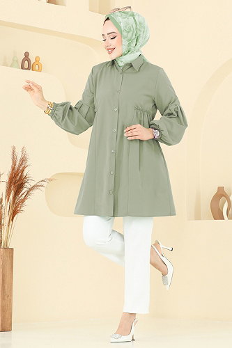 moda selvim Gömlek Yakalı Tunik 3055KTR750 Çağla - Thumbnail