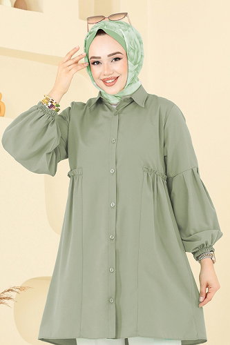 moda selvim Gömlek Yakalı Tunik 3055KTR750 Çağla - Thumbnail