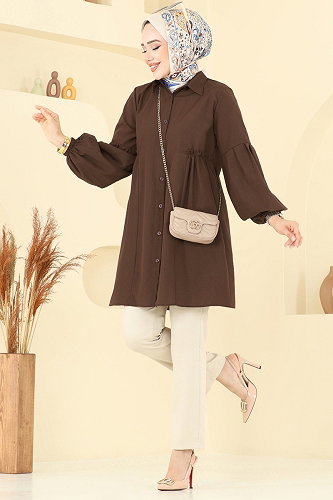 moda selvim Gömlek Yakalı Tunik 3055KTR750 Kahve - Thumbnail