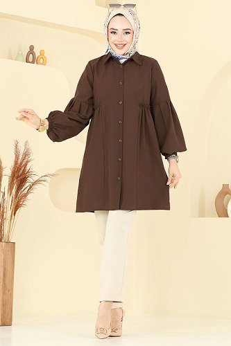 moda selvim Gömlek Yakalı Tunik 3055KTR750 Kahve - Thumbnail