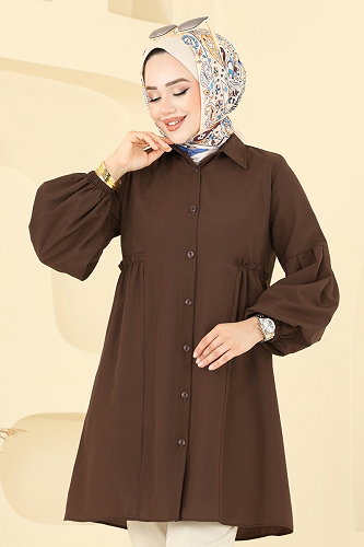 moda selvim Gömlek Yakalı Tunik 3055KTR750 Kahve - Thumbnail