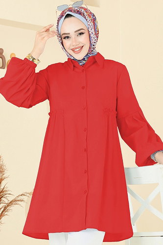 moda selvim Gömlek Yakalı Tunik 3055KTR750 Kırmızı - Thumbnail
