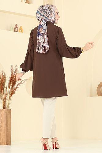 moda selvim Gömlek Yakalı Tunik 3055KTR750 Koyu Kahve - Thumbnail