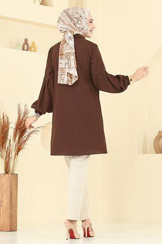 moda selvim Gömlek Yakalı Tunik 3055KTR750 Koyu Kahve - Thumbnail