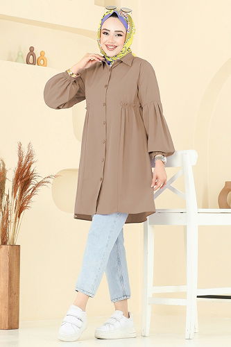 moda selvim Gömlek Yakalı Tunik 3055KTR750 Koyu Vizyon - Thumbnail