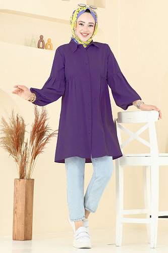 moda selvim Gömlek Yakalı Tunik 3055KTR750 Mor - Thumbnail