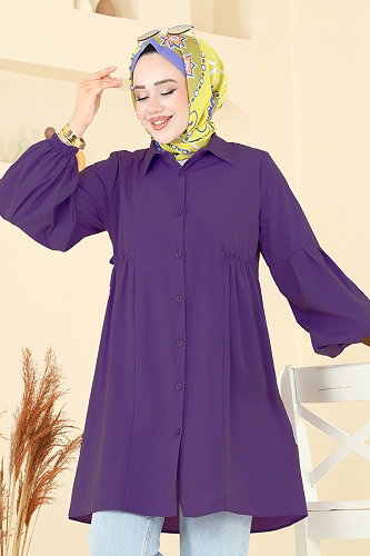 moda selvim Gömlek Yakalı Tunik 3055KTR750 Mor - Thumbnail