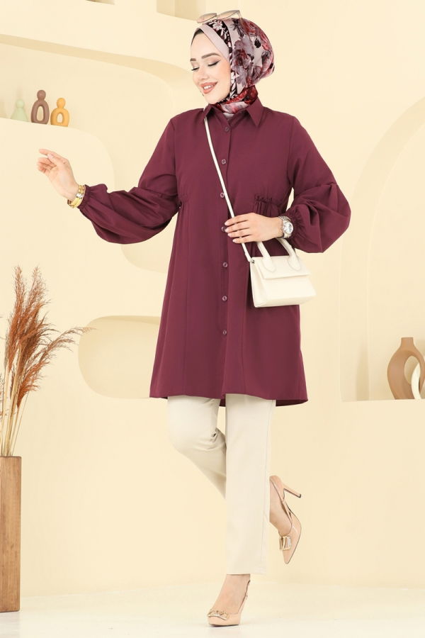Modaselvim Tunik Gömlek Yakalı Tunik 3055KTR750 Mürdüm
