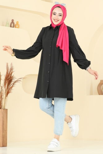 moda selvim Gömlek Yakalı Tunik 3055KTR750 Siyah - Thumbnail