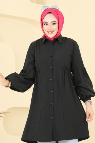 moda selvim Gömlek Yakalı Tunik 3055KTR750 Siyah - Thumbnail